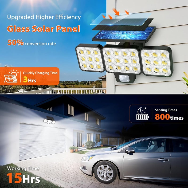 WdtPro Solar Lights Outdoor Flood Light, 3500LM Bright Motion Sensor Outdoor Lights, 3 Heads & Upgrade Glass Panel, LED Solar Powered Security Light Spotlights Waterproof for Outside Yard-2Pack - Image 3